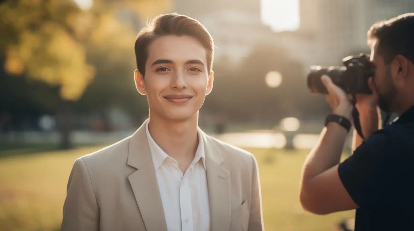 A creator is outdoors, taking a professional profile photo with a camera, showcasing their social media presence. The image captures the essence of authentic engagement, highlighting the importance of a quality profile picture for gaining real followers on platforms like Twitter.