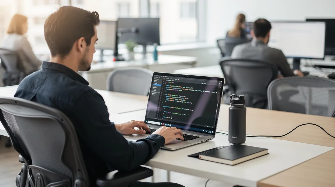 A person is seated at a modern office desk, focused on their laptop where lines of code are visible on the screen, indicating they are working on API requests or user authentication settings. The environment suggests a professional setting conducive to software development, possibly involving the management of a developer account or app permissions.
