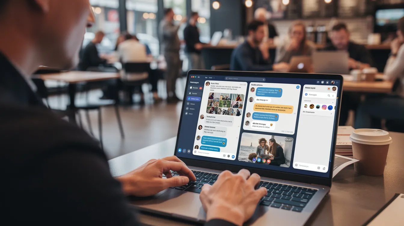 A person is seated in a bustling public space, focused on their laptop, which displays multiple social media-style windows including trending topics, direct messages, and live streams. This scene captures the essence of the global community as users connect and share content through their personalized timelines on platforms like Twitter.