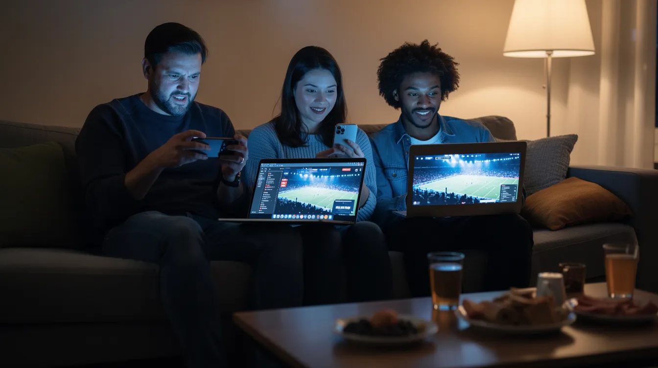 A small group of people is gathered together, intently watching a live event on their phones and laptop, engaged with trending topics and sharing information in real-time. Their passionate expressions reflect the excitement of connecting with the happening event through their devices.