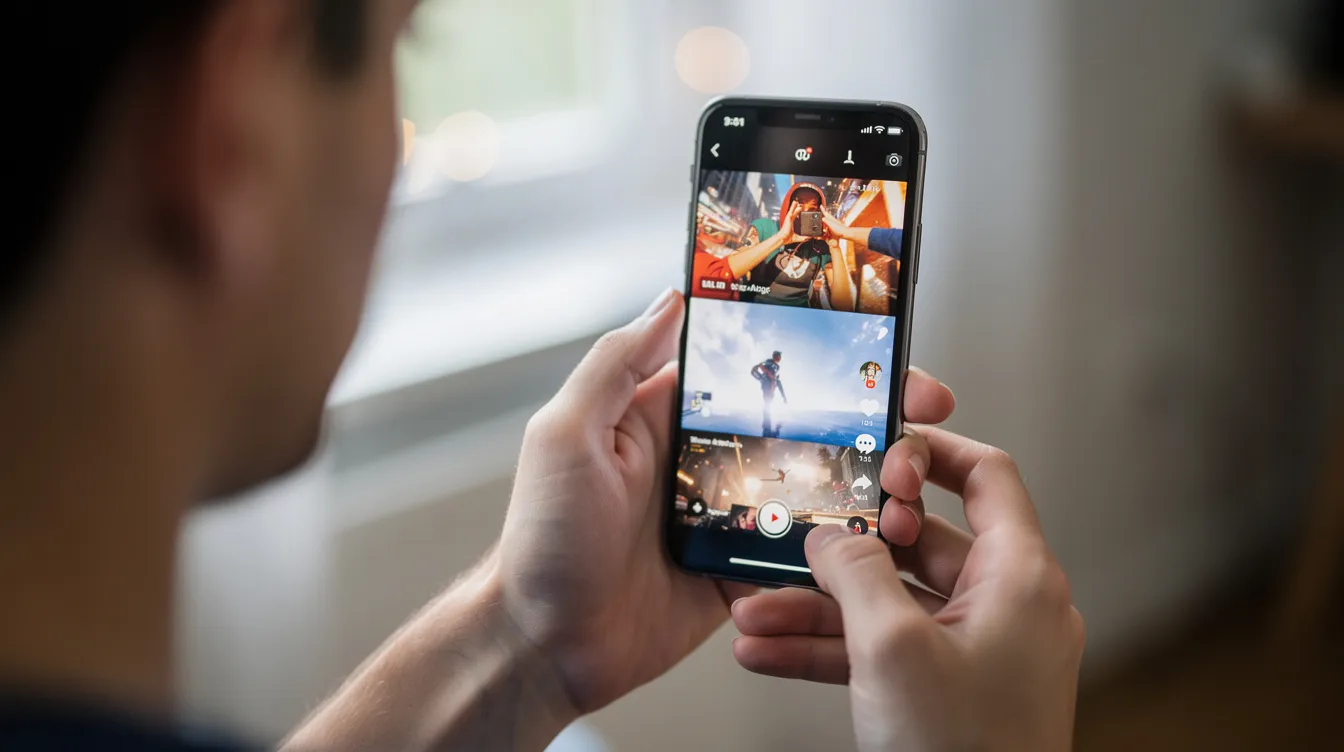 A person is holding a smartphone, intently watching a short video that showcases trending topics on social media. The scene captures the connection people have with their accounts, as they engage with content that brings them information and entertainment.