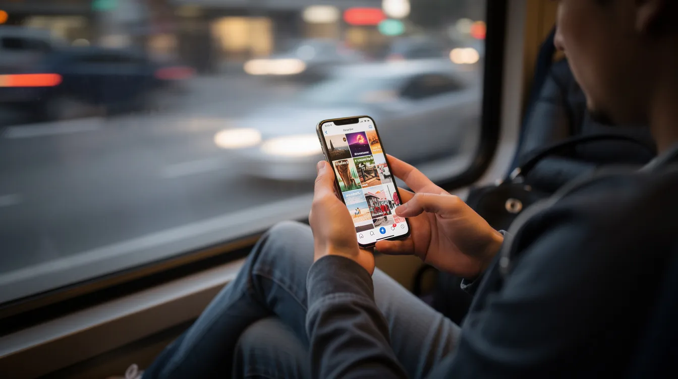 A person is seen scrolling through their social media feed on a smartphone while commuting, surrounded by a bustling environment. The screen displays various video ads and image ads, showcasing dynamic product ads and video carousel ads that catch the user's attention.