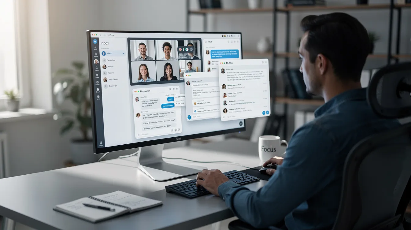 The image shows a person seated at a desk, intently using a large monitor displaying multiple communication windows, including direct messages and trending topics from their personalized timeline on the web. This setup suggests engagement with the global community and various content streams, highlighting the ability to connect with followers and access exclusive content.
