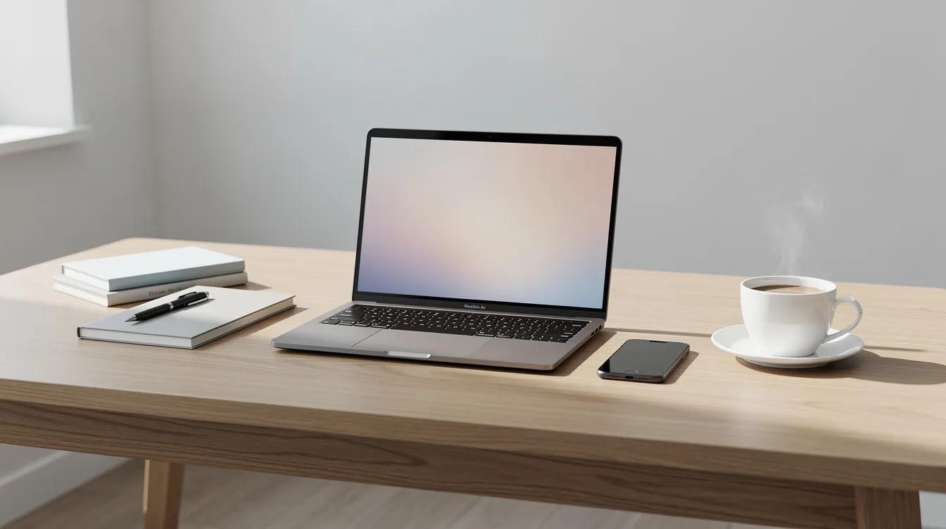 The image depicts a clean desk featuring a laptop, a smartphone, and several notebooks arranged neatly beside a steaming coffee cup. This organized workspace reflects a productive environment, ideal for managing multiple accounts and engaging with users through various platforms like Twitter and LinkedIn.