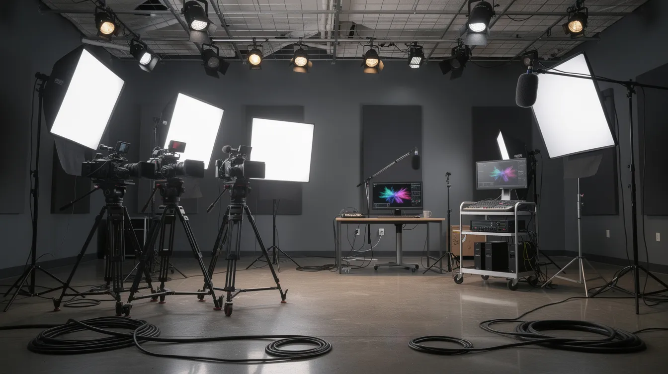 The image features a professional video production studio equipped with high-end camera equipment, including cameras, tripods, and lighting setups, ideal for creating dynamic video ads. This setup supports various ad formats, including vertical video ads and image and video ads, ensuring high-quality video output for promotional content.