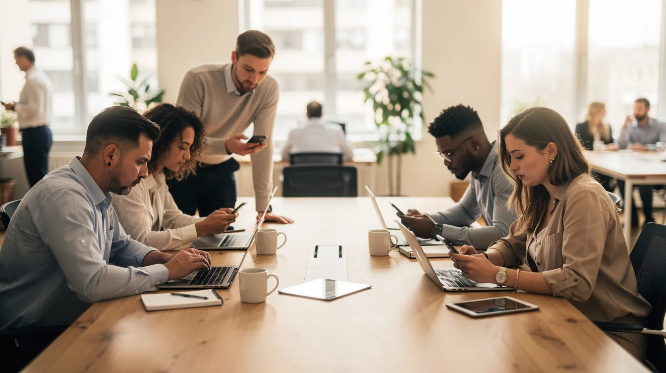 A group of team members is gathered around a table, intently looking at their phones and laptops, possibly discussing strategies for managing multiple Twitter accounts or troubleshooting account access issues. The atmosphere suggests a collaborative effort to enhance their understanding of security and account management on various devices.