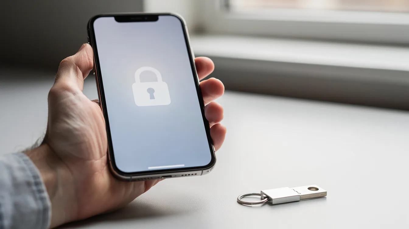 A person is holding a smartphone, displaying a login screen, with a security key placed nearby, highlighting the importance of security and account access for managing multiple Twitter accounts. The scene emphasizes the use of two-factor authentication and the need for secure login methods.