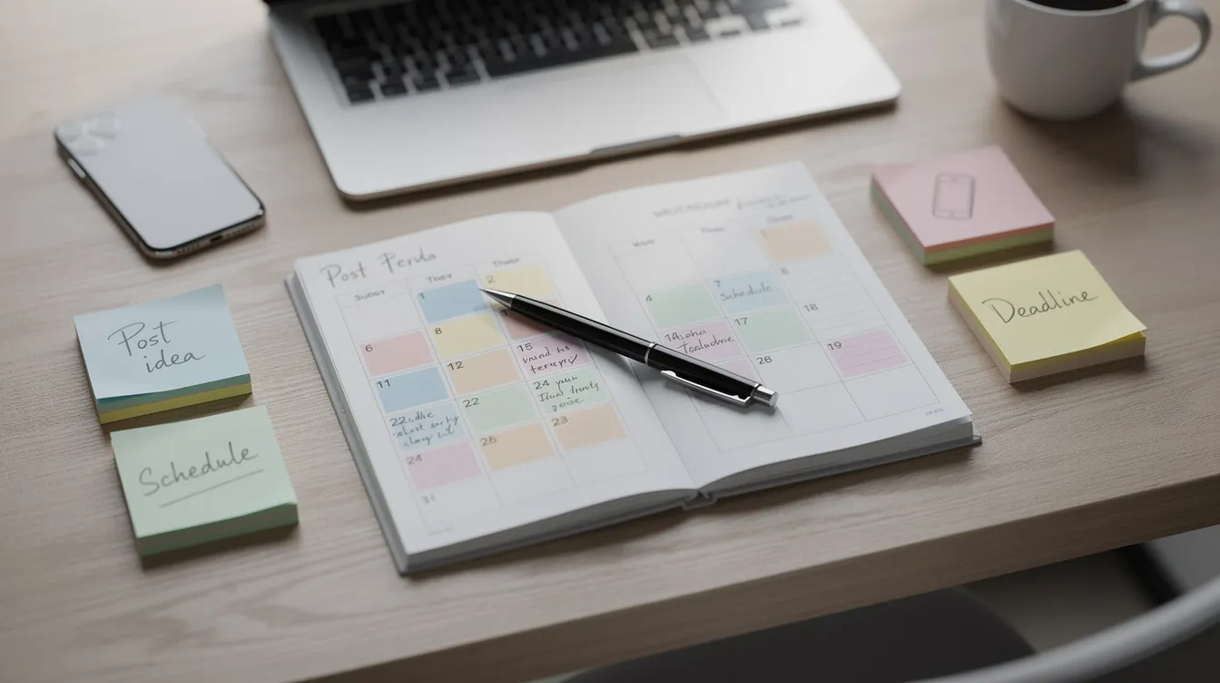 A calendar planner rests on a desk surrounded by colorful sticky notes and a pen, representing the organization of content planning for social media marketing. This setup symbolizes the process of scheduling tweets and creating relevant content for a personal brand on platforms like Twitter.