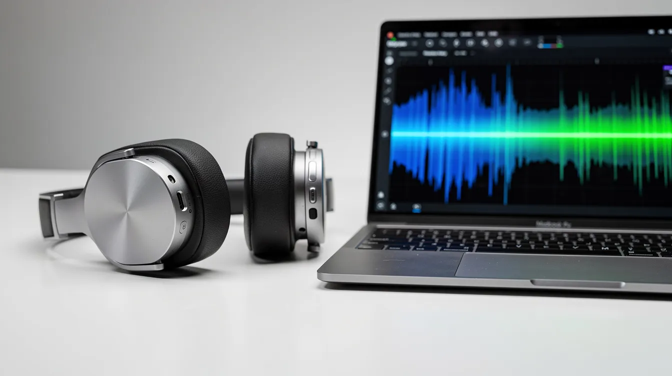 The image features a pair of wireless headphones positioned next to a laptop, which displays an audio waveform on its screen, suggesting a focus on sound and audio features. This setup could be ideal for users engaging with live podcasts or exploring diverse perspectives through audio content.