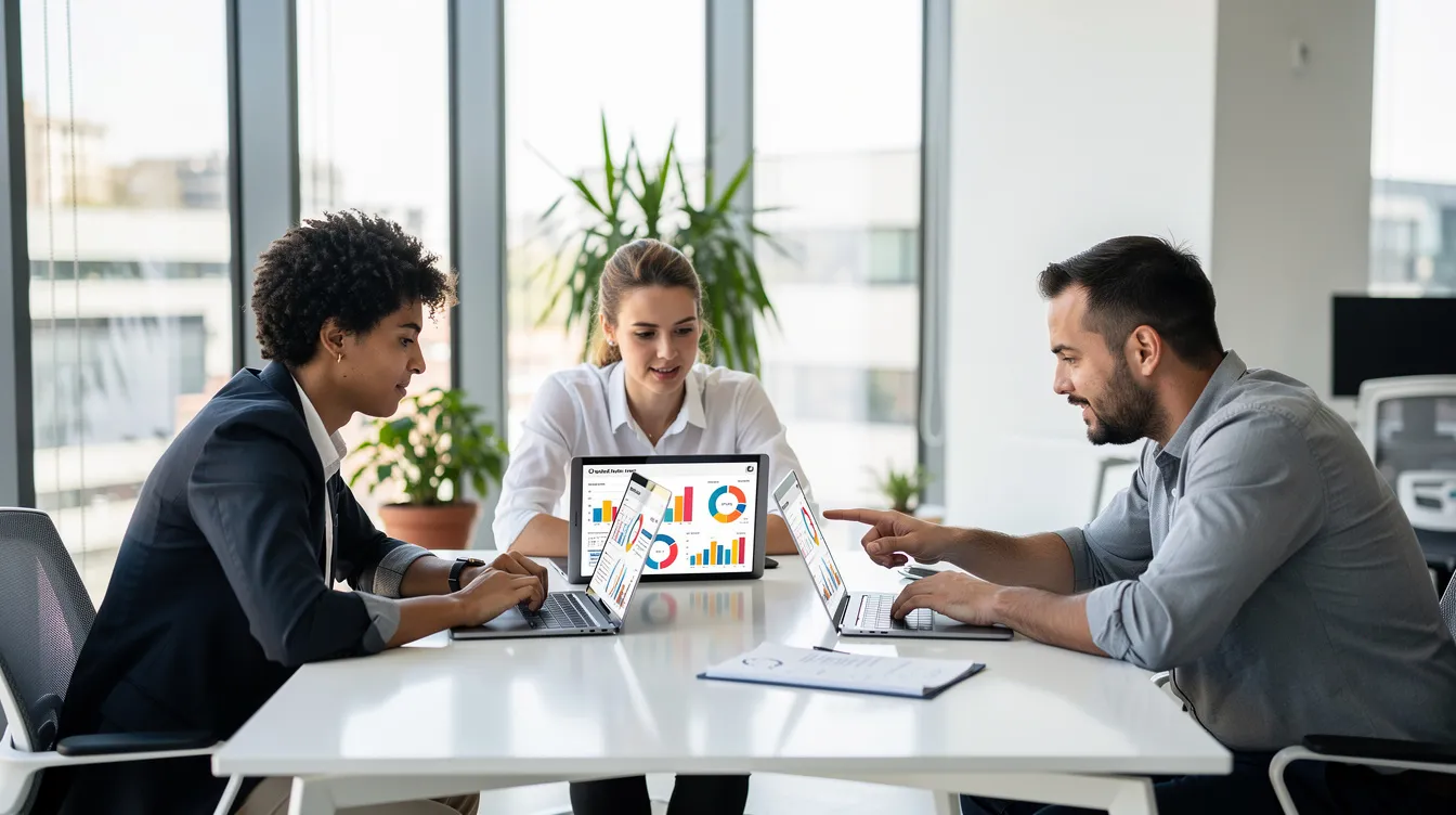 A small team is gathered around a bright office, each member focused on reviewing campaign performance on their laptops. They are analyzing social media engagement metrics and discussing strategies to boost their Twitter presence and increase followers.