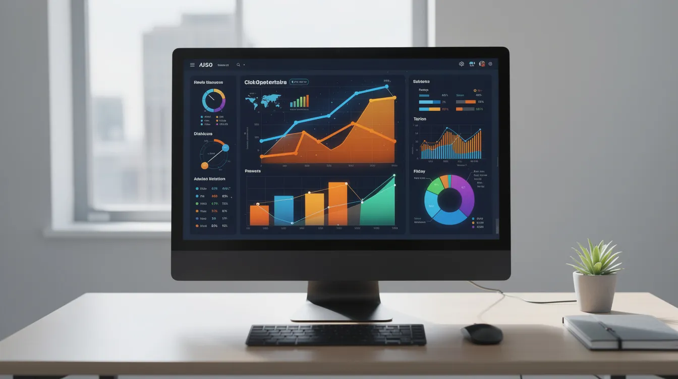 A computer monitor in a modern office displays vibrant analytics charts and graphs, showcasing data relevant to campaigns and performance for advertisers. The clean workspace reflects a professional environment focused on tracking trends and user engagement.
