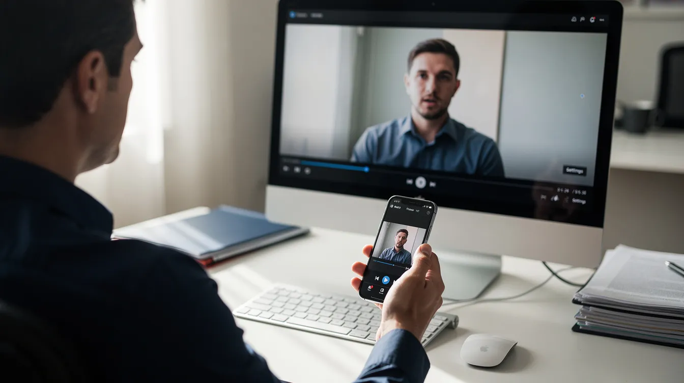 A person is reviewing video content on a smartphone while comparing it with the same video displayed on a desktop monitor, highlighting the differences in video quality and resolution across various devices. The scene emphasizes the importance of video specs, such as aspect ratio and file size, for optimal viewing and engagement on platforms like Twitter.
