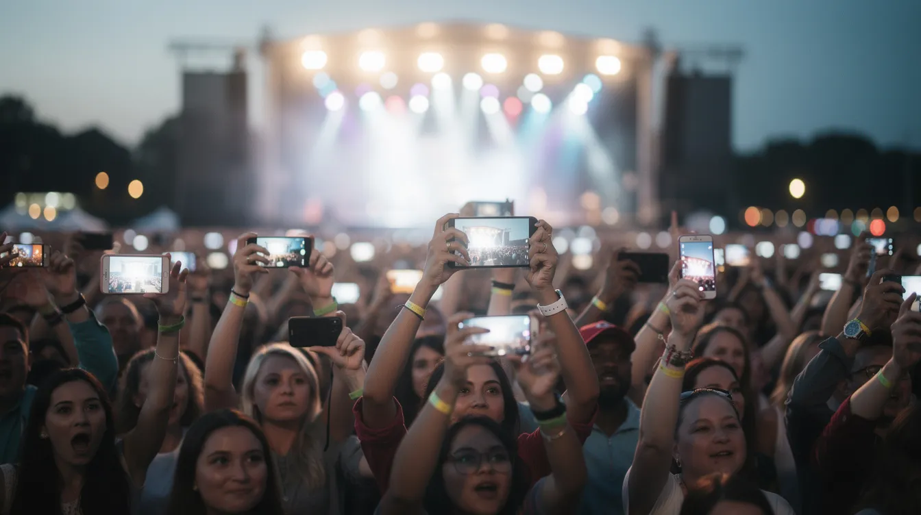 A large crowd gathers at a live outdoor event, with many attendees holding up their smartphones to capture the moment, creating an energetic atmosphere filled with excitement and engagement. This scene reflects the power of social media as people share their experiences in real time, contributing to the vibrant public dialogue of breaking news and trending topics.