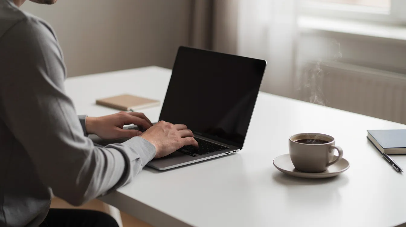 A person is focused on typing on a laptop at a clean desk, with a steaming cup of coffee beside them, suggesting a productive atmosphere for creating content for their social media, such as a Twitter account. The scene conveys a sense of engagement in social media marketing and the importance of sharing ideas and connecting with other users.
