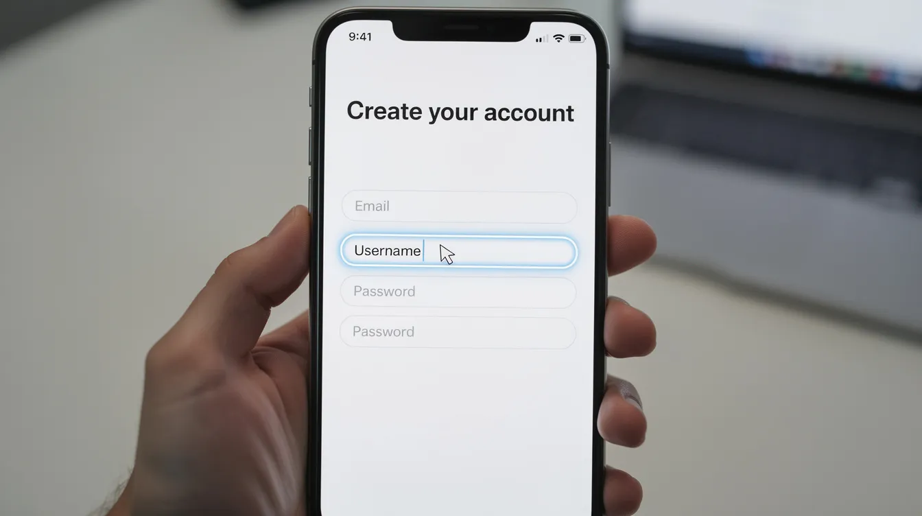 The image shows a smartphone screen with a social media account creation page, where the username field is prominently highlighted, indicating the step to enter a desired Twitter username for setting up a new Twitter account. This page may also include options to verify the username's availability and ensure it aligns with Twitter's trademark policy.