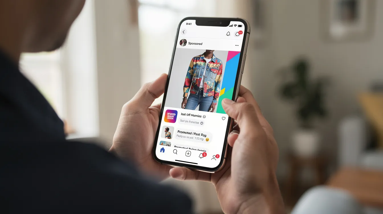 A person is using a smartphone to browse a social media feed, where various advertisements from different brands are displayed, showcasing targeted campaigns and engaging content. The screen highlights the ads manager features, allowing users to explore trends and connect with advertisers effectively.