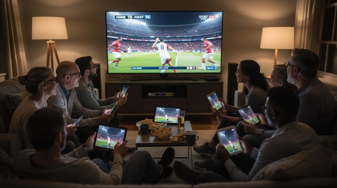 A diverse group of people is gathered around a large screen, intently watching a live sports broadcast on their devices, engaging in conversations about the game and sharing their excitement. This scene captures the essence of a global community connected through live events and trending sports news.