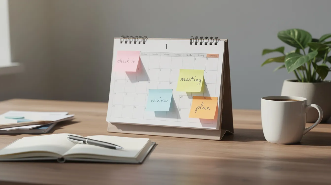 The image shows a desk with a calendar filled with sticky notes and reminders, symbolizing the importance of planning and regular check-ins for managing tasks. This setup can help users stay organized and effectively manage their Twitter accounts, ensuring they engage with their followers and maintain an active presence online.