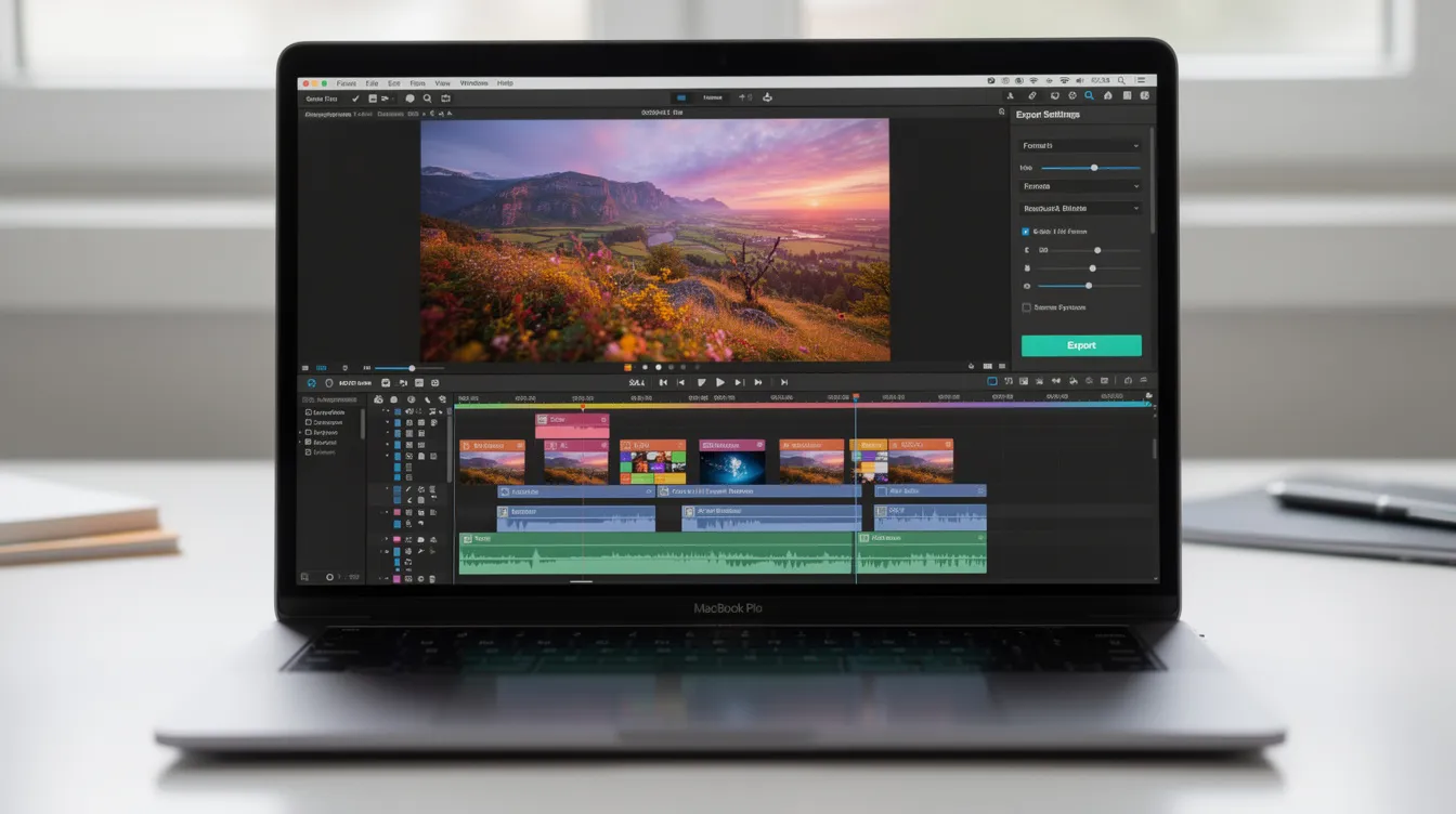 The image shows a laptop screen displaying a video editing timeline with an open export settings panel, highlighting options for video quality, file size limits, and various formats like MP4 and MOV for uploading engaging Twitter videos. The interface includes technical specifications relevant for exporting landscape and portrait videos.