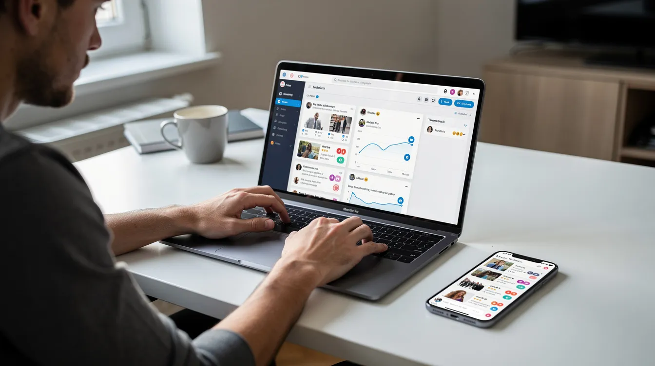 A person is sitting at a desk, intently using a laptop while a smartphone rests beside it, as they review their social media activity, including their own tweets and engagement on platforms like Twitter. The scene captures the essence of managing an online presence, focusing on interactions and potential growth in followers.