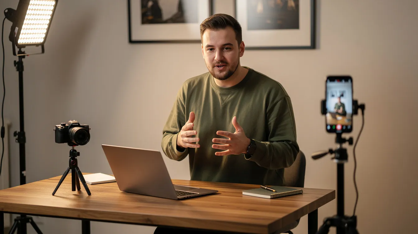 A creator is filming a short video at a desk, equipped with a laptop and a camera, showcasing their process of content creation for social media platforms. This scene highlights the importance of engaging with followers and boosting one's online presence to gain more likes and enhance their social proof.