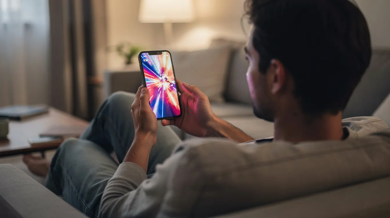 A person is sitting on a couch, holding a phone vertically while watching a full-screen video, showcasing engaging video content. The scene emphasizes the use of vertical video format, ideal for platforms like Twitter, where video quality and dimensions are essential for optimal viewing.