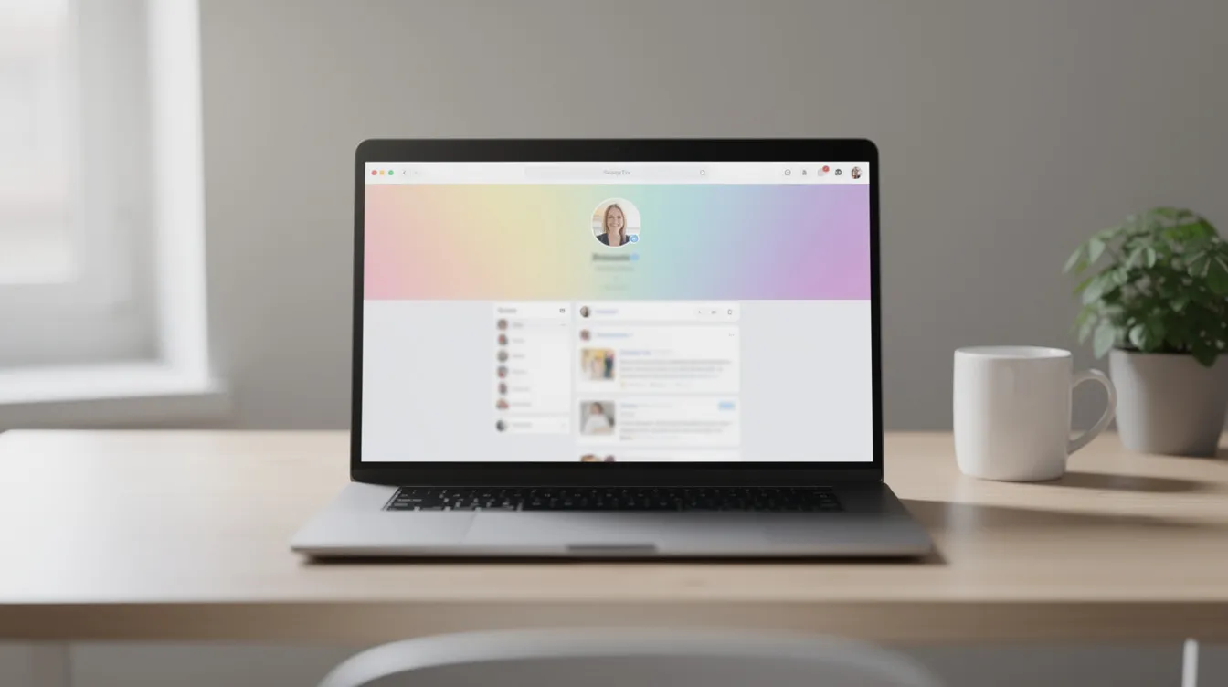 A laptop sits on a clean desk, showcasing a social media profile page with a vibrant banner image at the top and a clear profile photo displayed prominently. The design exemplifies effective use of header dimensions and file sizes suitable for social platforms, creating an engaging visual for users.
