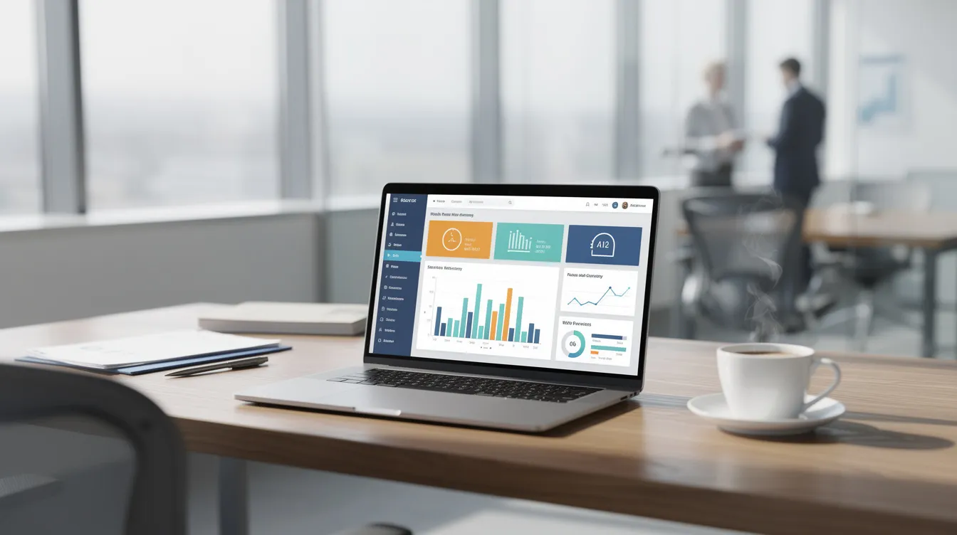 The image depicts a modern professional workspace featuring an open laptop displaying a business dashboard, accompanied by a coffee cup, all set in a contemporary office environment. This setup suggests a focus on managing campaigns and tracking performance for advertisers on a digital platform.