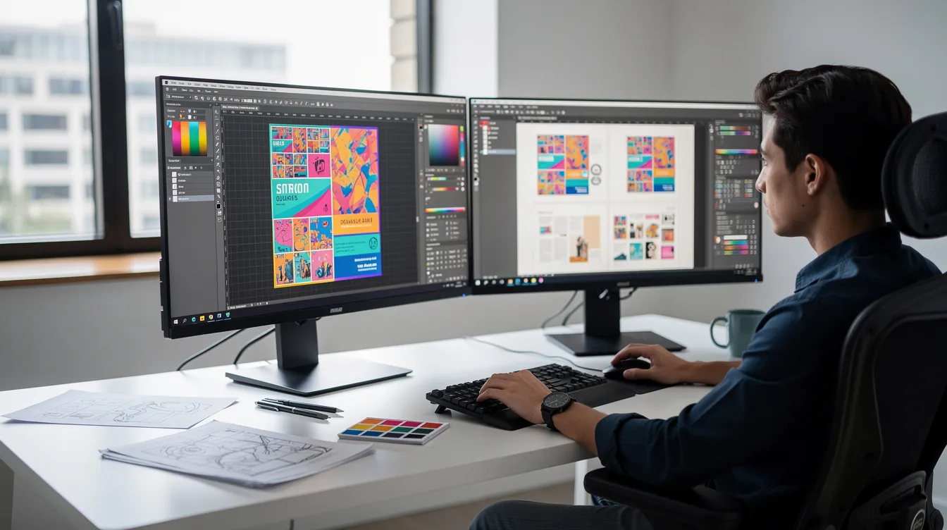 A person is sitting at a desk with dual monitors, focused on reviewing a graphic design layout, showcasing the use of design tools for creating images. The workspace is organized, with important elements of the design visible on the screens, demonstrating a great example of a productive environment for graphic design.