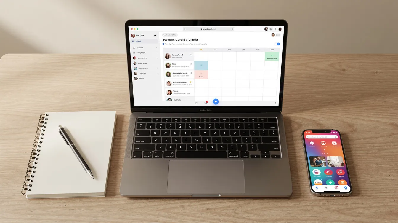 The image depicts a clean desk featuring a laptop, a notebook, and a smartphone, all arranged neatly for social media planning. This setup suggests a focus on managing multiple Twitter accounts and utilizing a user-friendly interface for effective follower management and engagement analysis.
