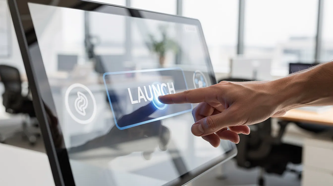 A hand is pressing a launch button on a sleek touchscreen display in a bright office, symbolizing the initiation of a new advertising campaign on a business platform. This modern setup reflects the dynamic environment where advertisers create and track their performance to connect with users effectively.