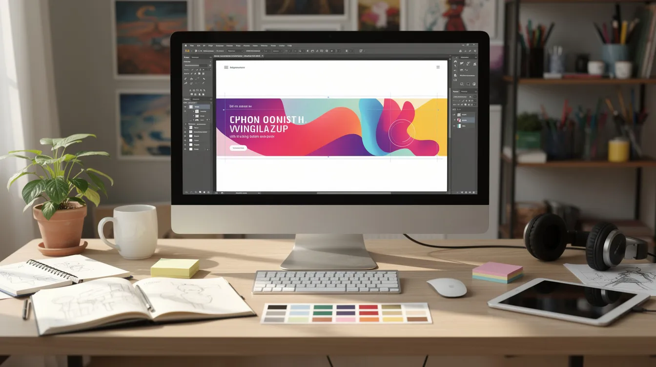 The image depicts a creative workspace featuring a desktop computer with a vibrant design tool open, showcasing a colorful banner image being crafted. This scene illustrates the process of creating a Twitter header, highlighting important elements and safe zones for optimal display on various devices.