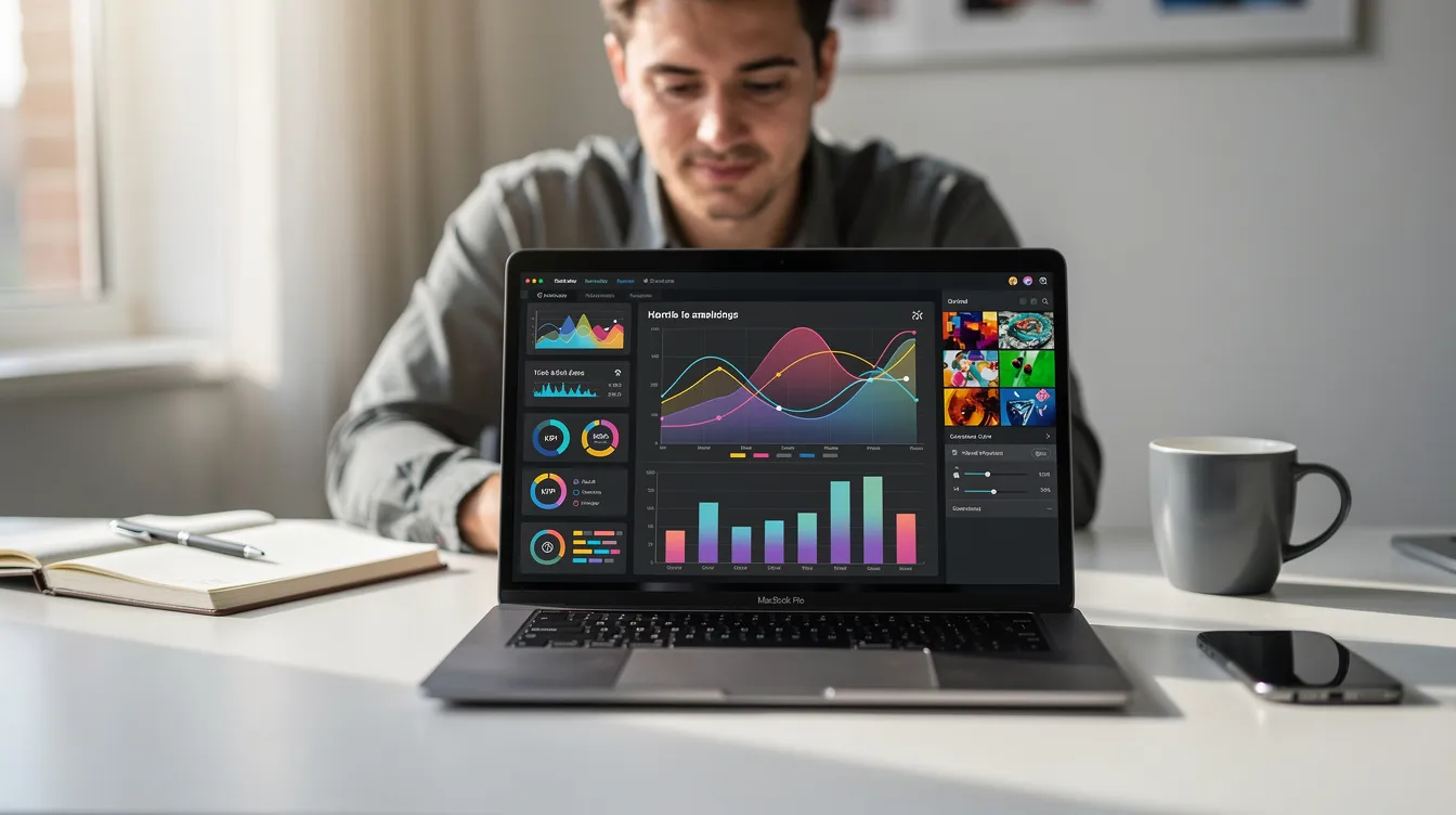 A person is sitting at a desk with an open laptop displaying various analytics dashboards and creative tools, suggesting they are engaged in shaping public dialogue and exploring diverse perspectives through a social media app. The scene captures the essence of breaking live news and the constant change of trending topics in a digital environment.