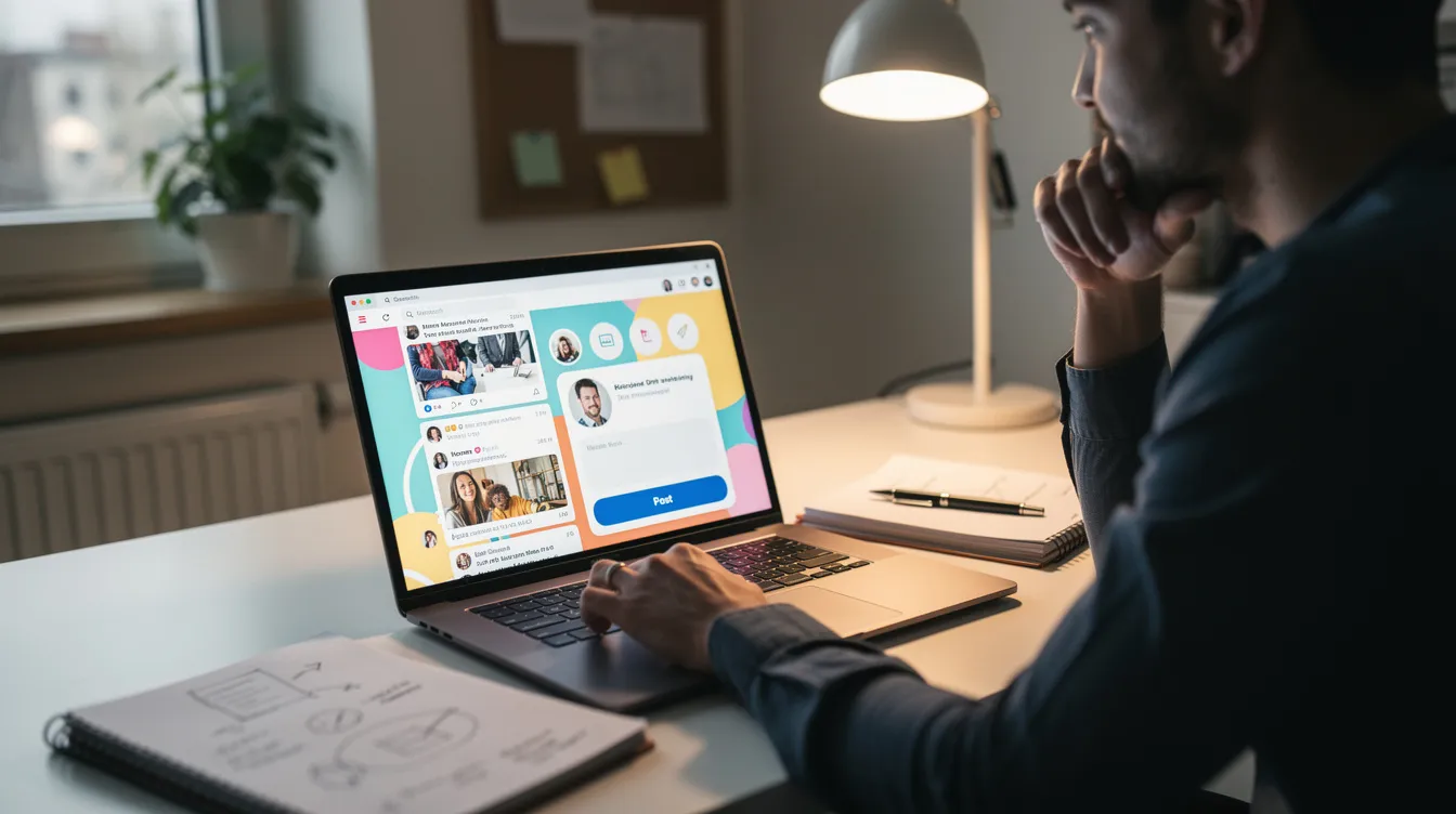 A person is sitting at a desk, focused on brainstorming ideas while their laptop displays a social media website, likely considering options for a new Twitter username or managing their Twitter account. The scene captures the essence of digital creativity and engagement with online platforms.