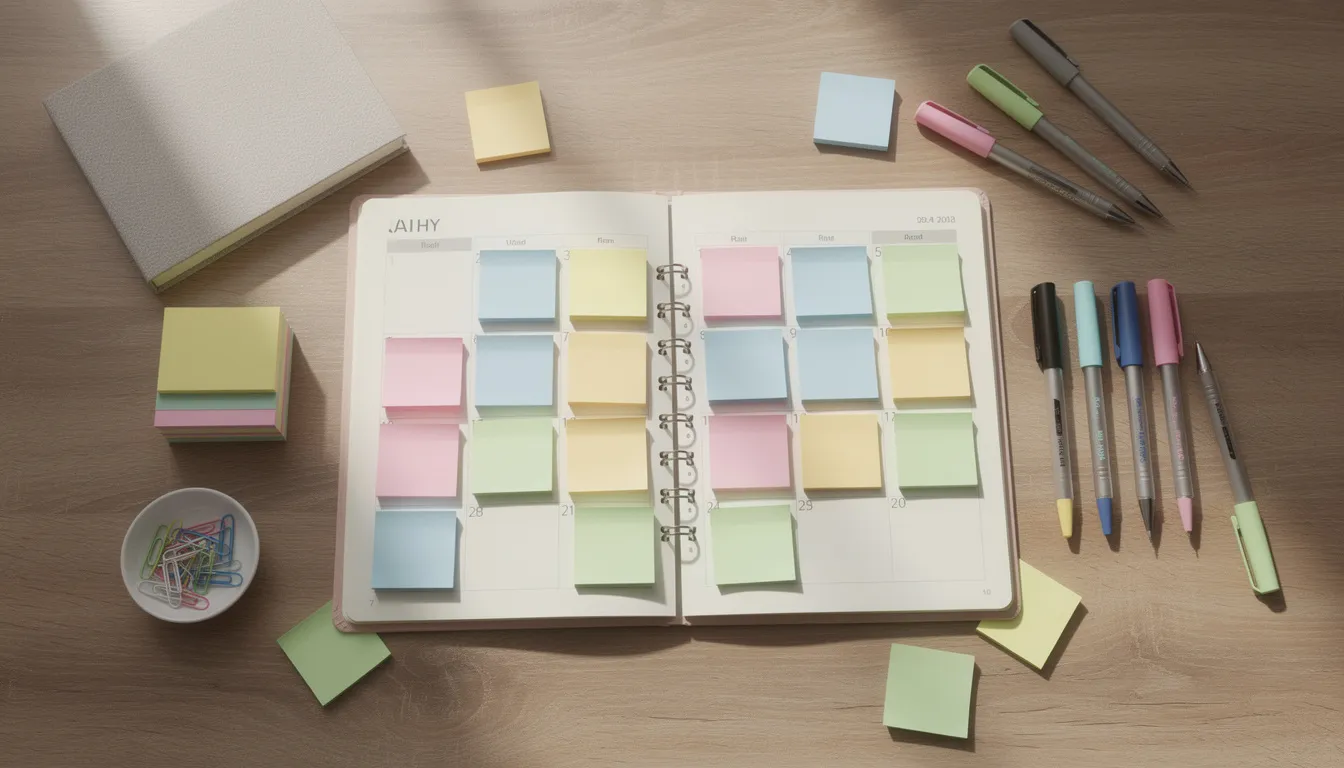 The image shows a wooden desk cluttered with a calendar adorned with colorful sticky notes, along with various planning materials. This setup suggests a focus on organizing tasks and strategies, which can be essential for managing social media platforms like Twitter and engaging with followers effectively.