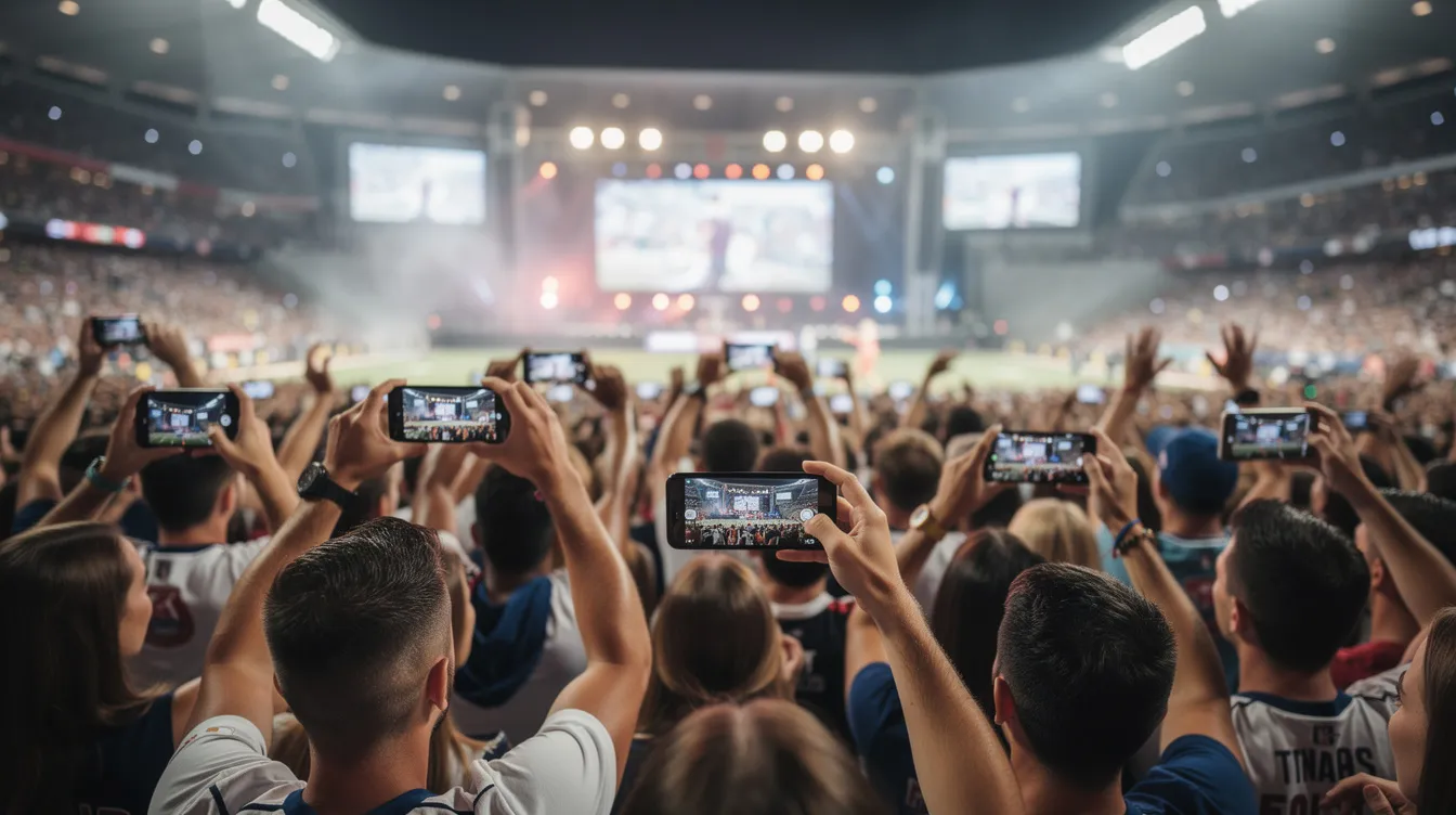 The image depicts a large crowd in a stadium, with many attendees holding up their phones to capture a live event, creating an atmosphere of excitement and engagement. This scene reflects the global community's interest in live breaking news and trending topics, as people connect through their favorite social media app.