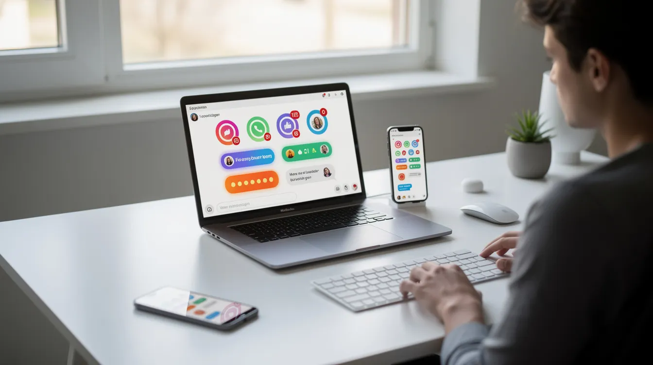 A person is seated at a modern desk, intently focused on their laptop and phone, which display various social media notifications. The screen shows a twitter account with trending hashtags and messages, highlighting the importance of social media marketing and engaging with other users.