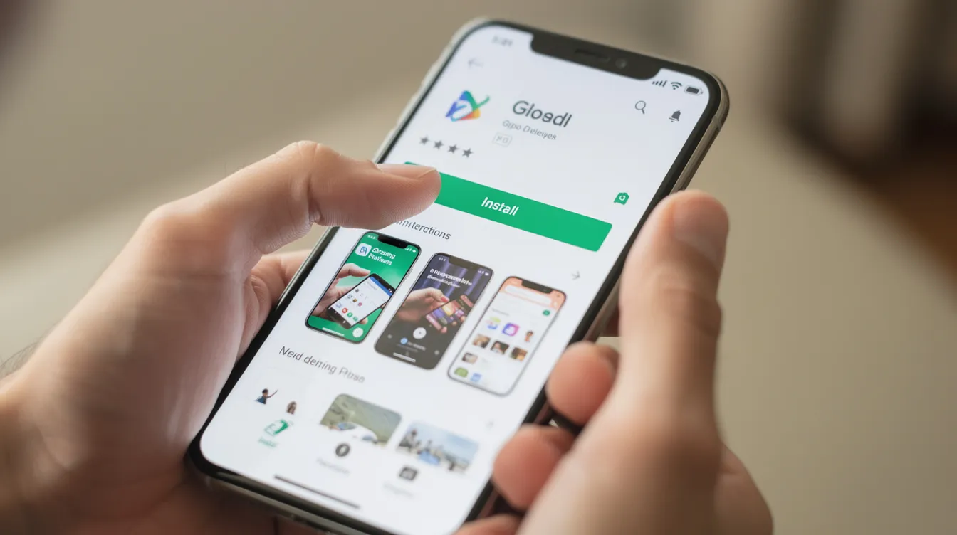 An individual is tapping the install button on a smartphone screen displaying the Google Play Store interface, where they can access various apps, including social media platforms for engaging in live breaking news and trending topics. The scene captures the moment of joining millions in a global community to explore diverse perspectives and unlock exclusive features.