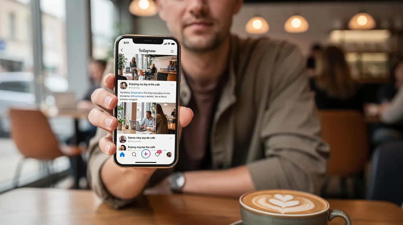 A person is sitting in a modern cafe, holding a smartphone that displays a social media app's timeline filled with trending news and live updates. The screen shows various posts, including breaking news and conversations from the world's leading voices, creating a vibrant digital town square experience.