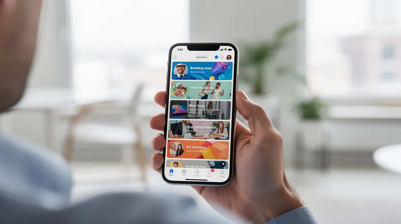 A person is holding a smartphone displaying a social media app's news feed, showcasing breaking live news and trending topics in a modern environment. The screen features updates from the world's leading voices, inviting users to explore diverse perspectives and engage in conversations.
