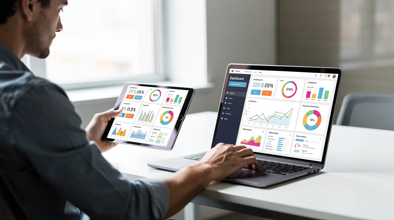An individual is focused on their analytics, checking data on a tablet while simultaneously using a laptop, likely managing multiple Twitter accounts and analyzing follower dynamics. This scene reflects the use of a social media management tool to optimize engagement and track unfollowers efficiently.