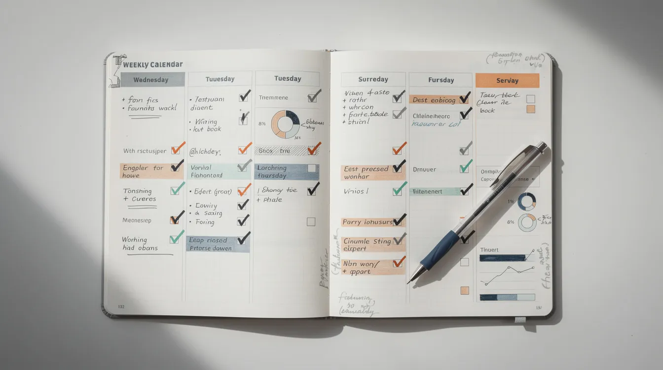 The image depicts a weekly calendar planner filled with checkmarks and notes indicating task progress, showcasing a well-organized approach to managing activities. This tool can help users track their tasks efficiently, similar to how one might manage their follower list on Twitter by identifying inactive accounts for a cleaner following list.