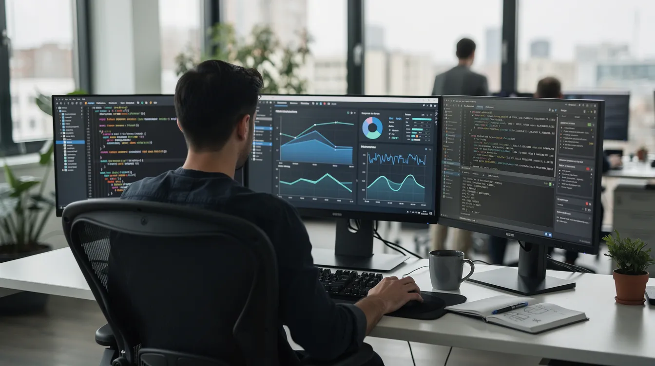 A developer is seated at a desk surrounded by multiple monitors displaying lines of source code and data dashboards, illustrating a complex data analysis process. The setup reflects a focus on software development, with tools for retrieving user information and analyzing Twitter accounts prominently featured on the screens.