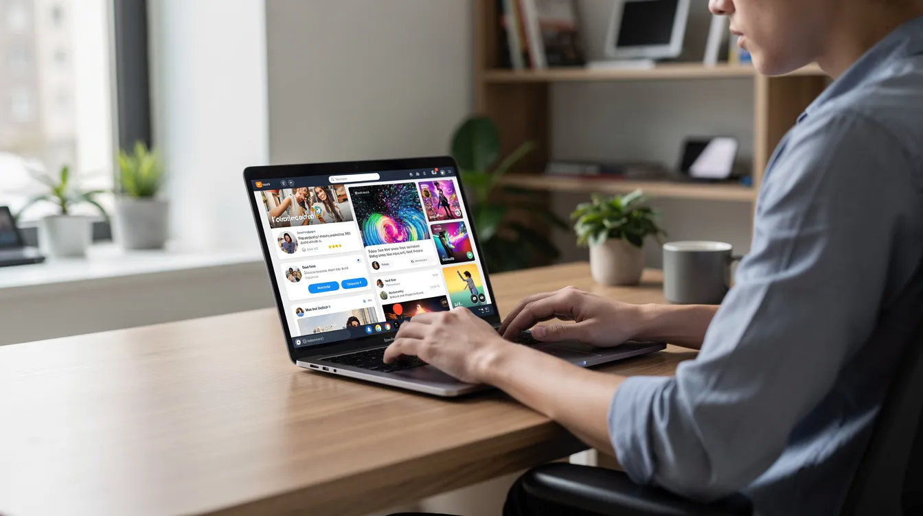 A person is sitting at a modern workspace, browsing the Twitter app on their laptop, engaging with trending topics and connecting with followers in the global community. The screen displays short posts and live streams, showcasing the diverse content available on the platform.