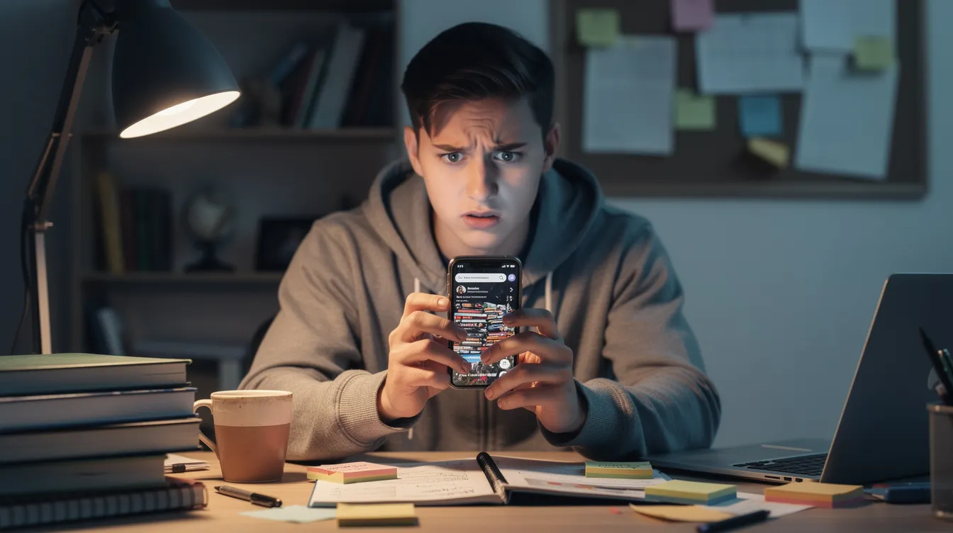 A person sits at a cluttered desk, staring at their phone with an overwhelmed expression as they navigate a chaotic social media feed. The scene captures the stress of managing their Twitter account, contemplating mass unfollowing inactive accounts to clean up their follower list.