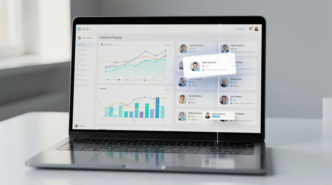 The image displays a laptop screen showcasing a dashboard interface filled with graphs and user profile cards being sorted, designed to help users manage their Twitter accounts. This tool allows users to identify inactive accounts and streamline their follower list, making the process of unfollowing users more efficient.