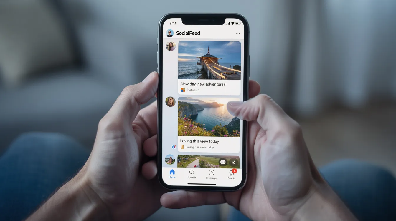 A pair of hands is holding a smartphone displaying the Twitter app, showcasing a timeline filled with tweets, trending topics, and short posts from various users, including public figures and brands. The screen highlights the global community's engagement with live streams and exclusive content, emphasizing the platform's role in connecting millions of users.