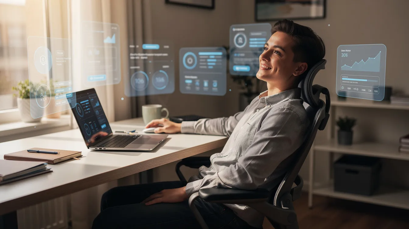 A person sits at a desk with a laptop, appearing relaxed and confident while managing their digital space, possibly exploring ways to make their Twitter account private for enhanced online privacy and security. The scene conveys a sense of control over their social media presence and the importance of protecting their tweets from unwanted attention.