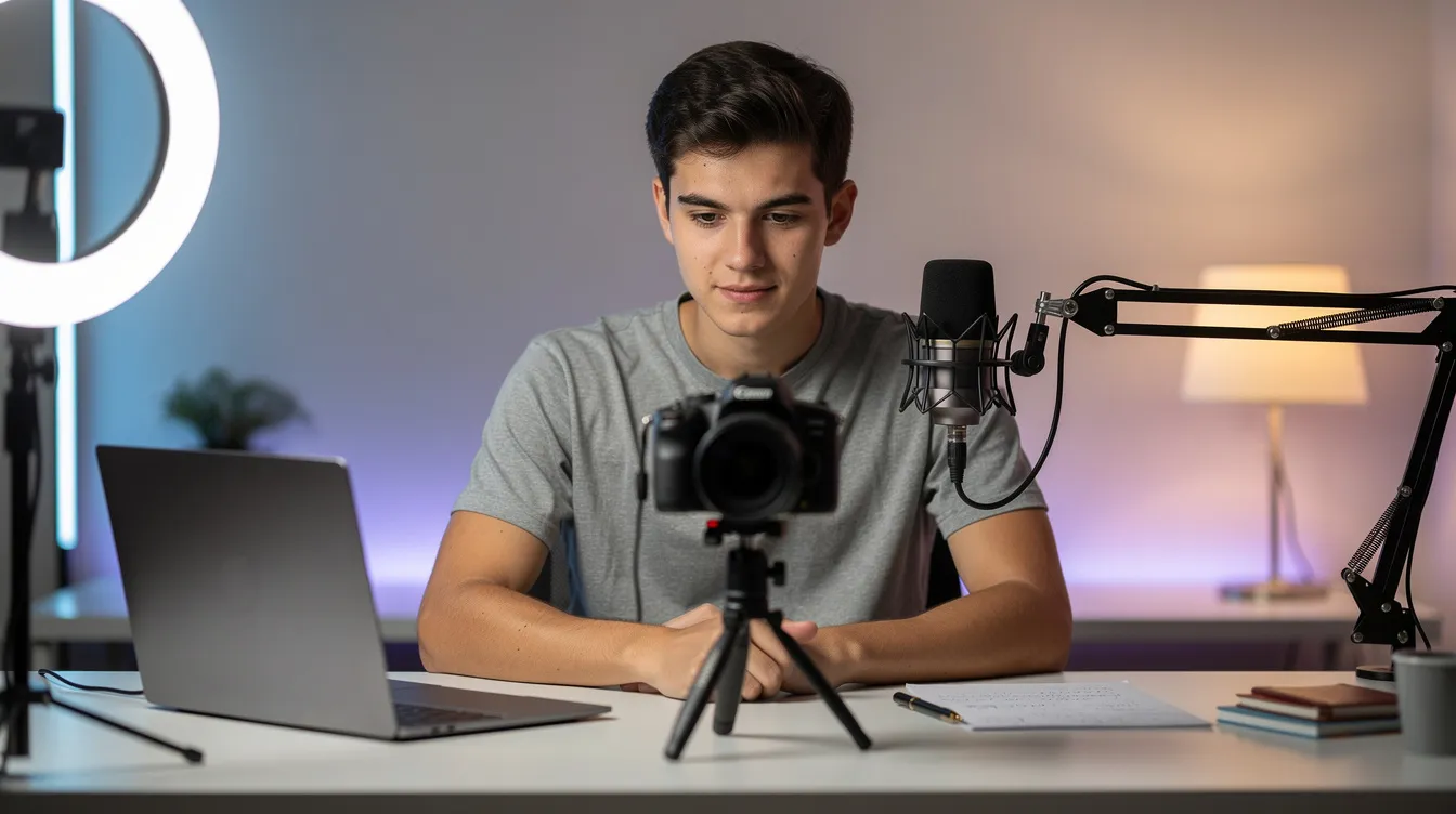 A content creator is recording a video at a desk, equipped with a ring light and a microphone, showcasing their setup for creating exclusive content. This scene captures the essence of engaging with a global community on platforms like Twitter and YouTube, where users share their ideas and connect with followers through live streams and short posts.