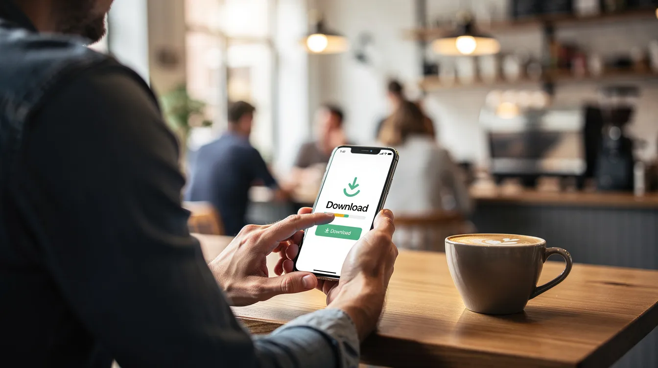A person is sitting at a coffee shop, tapping a download link on their smartphone screen, indicating they are about to easily download videos from Twitter with just a few clicks. The setting suggests a casual atmosphere, perfect for using a free Twitter video downloader.